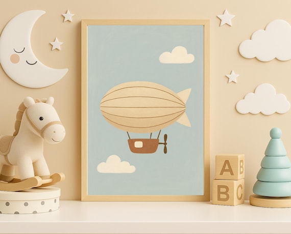 Vintage Airship Blimp Clouds Sky Travel Boys Room Nursery Kids Room Poster