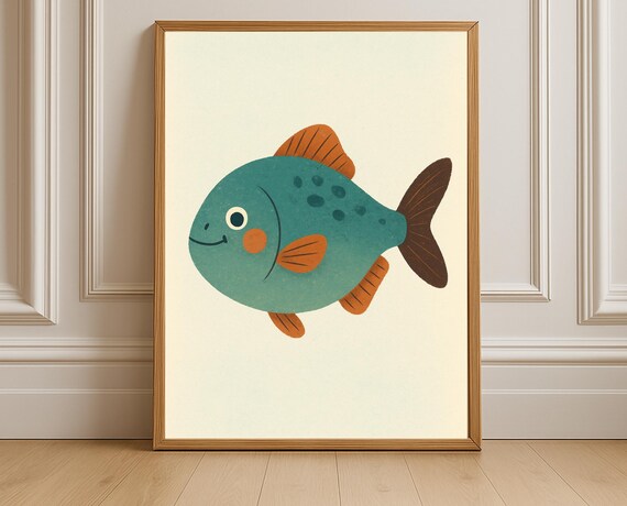 Cute Teal Fish With Orange Fins Smiling Nursery Ocean Wall Art