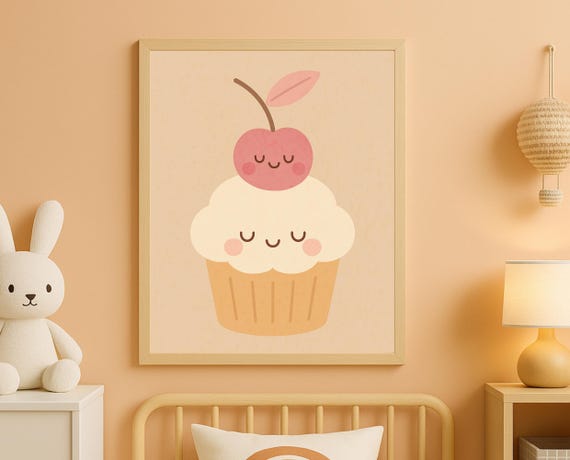 Cute Cupcake Cherry Wall Art Kawaii Nursery Decor Smiling Dessert Poster For Kids Room