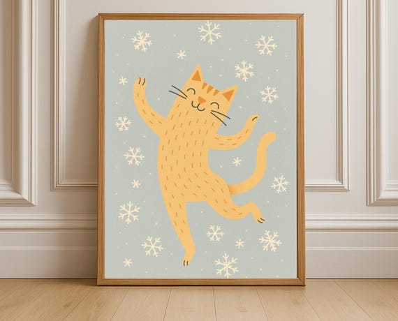 Snowy Cat Nursery Print Winter Kitten Wall Art Dancing Poster Kids Room Decor Instant