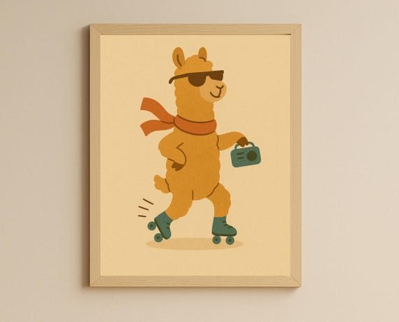 Roller Skating Llama Wall Art Retro Boombox Animal Print Kids Room Decor Nursery Poster Instant