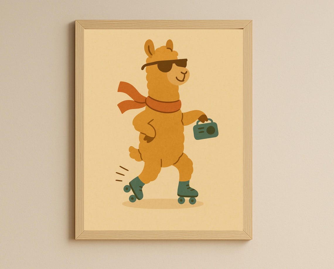 Roller Skating Llama Retro Boombox Sunglasses Nursery Poster