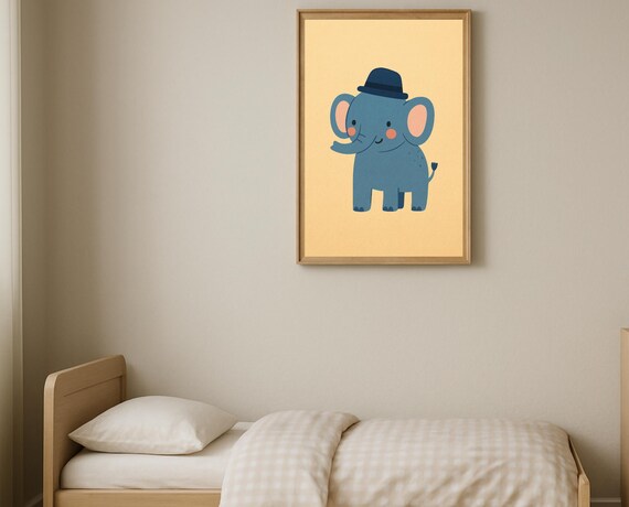 Elephant Nursery Wall Art Print Blue Hat Kids Room Cute Animal Poster Instant Gender Neutral Decor