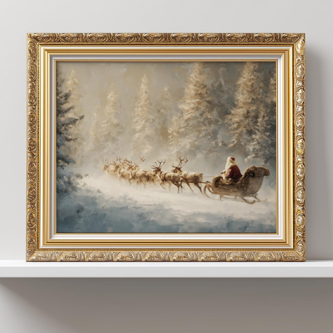 Santa Sleigh Ride Vintage Reindeer Golden Winter Forest Art Poster