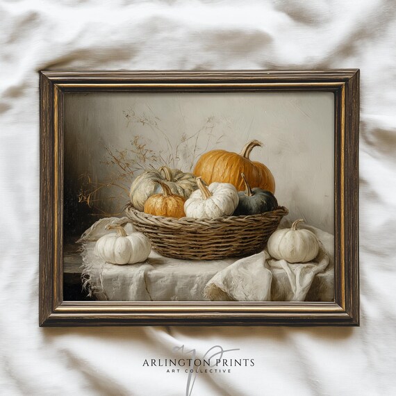 Rustic Neutral Pumpkin Basket Print Vintage Style Fall Wall Art Cozy Autumn Farmhouse Home Decor Harvest Still Life