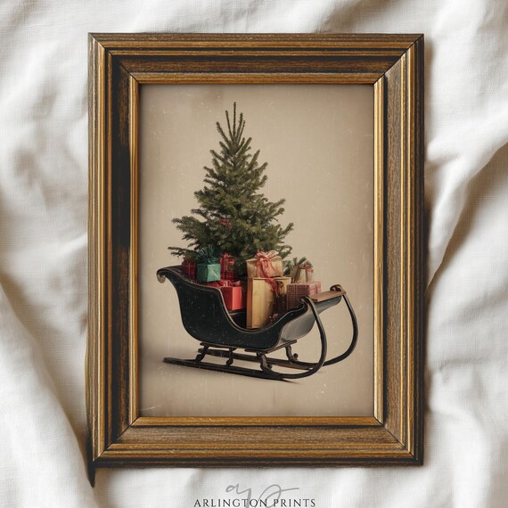 Vintage Christmas Sleigh Tree Gifts Antique Holiday Farmhouse Wall Art