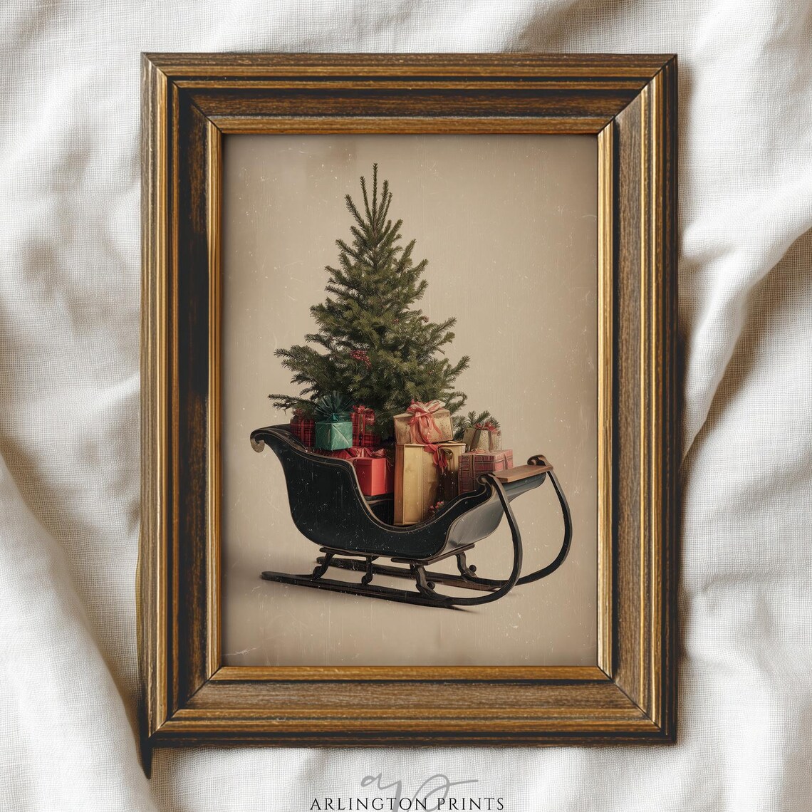 Vintage Christmas Sleigh Tree Gifts Antique Holiday Farmhouse Wall Art
