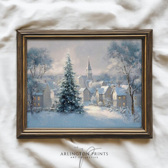 Blue Christmas Village Snowy Night Church Holiday Art Poster