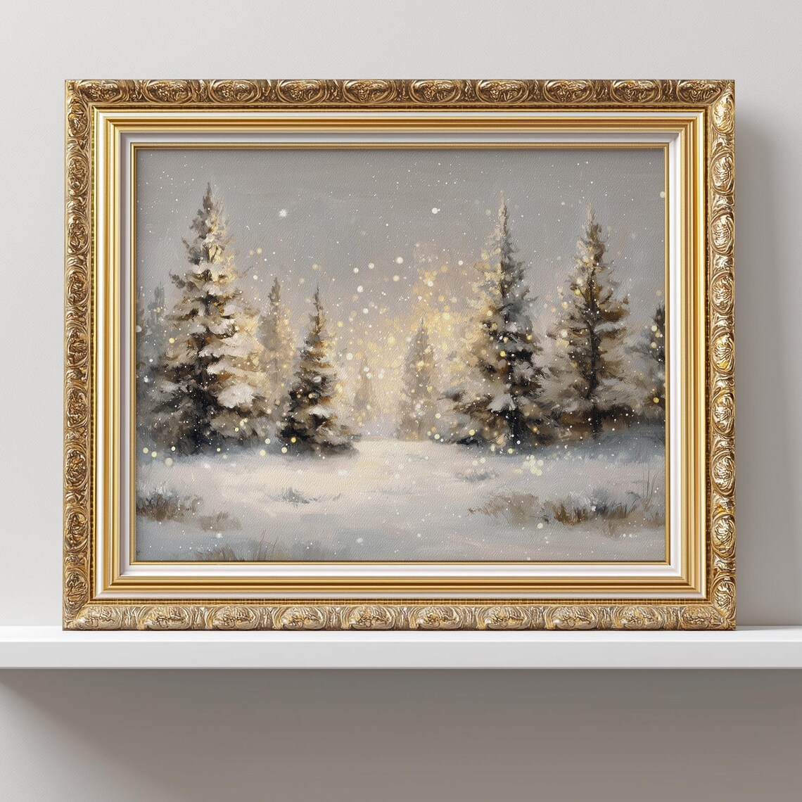 Golden Glowing Snowy Pine Forest Winter Wonderland Landscape Poster