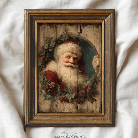 Vintage Santa Claus Wood Planks Christmas Wreath Portrait Poster