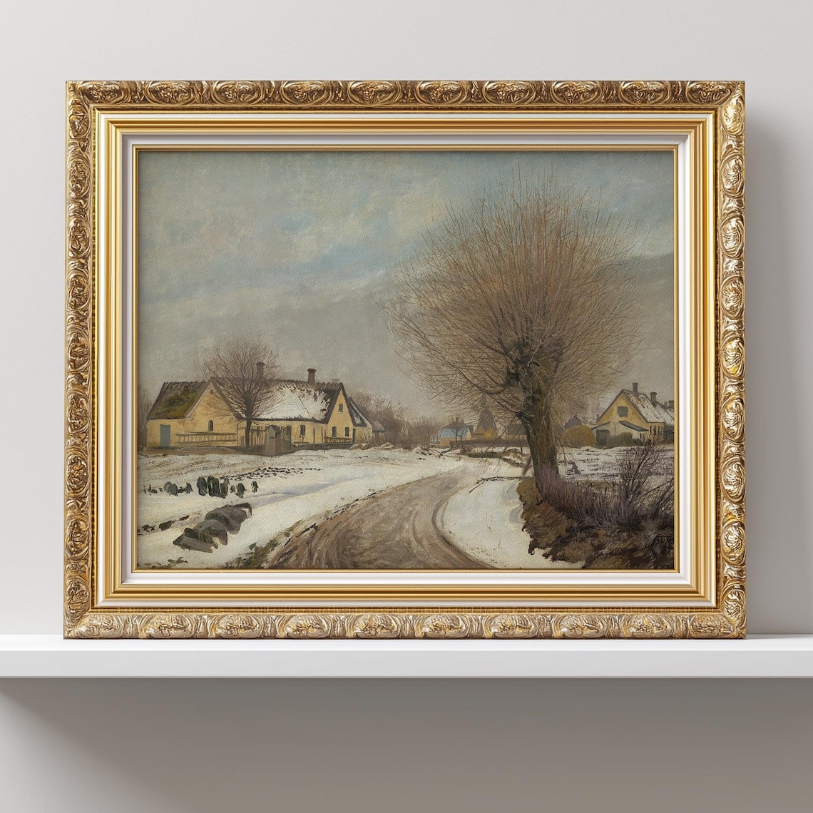 Moody Winter Village Snowy Road Vintage Countryside Painting Poster