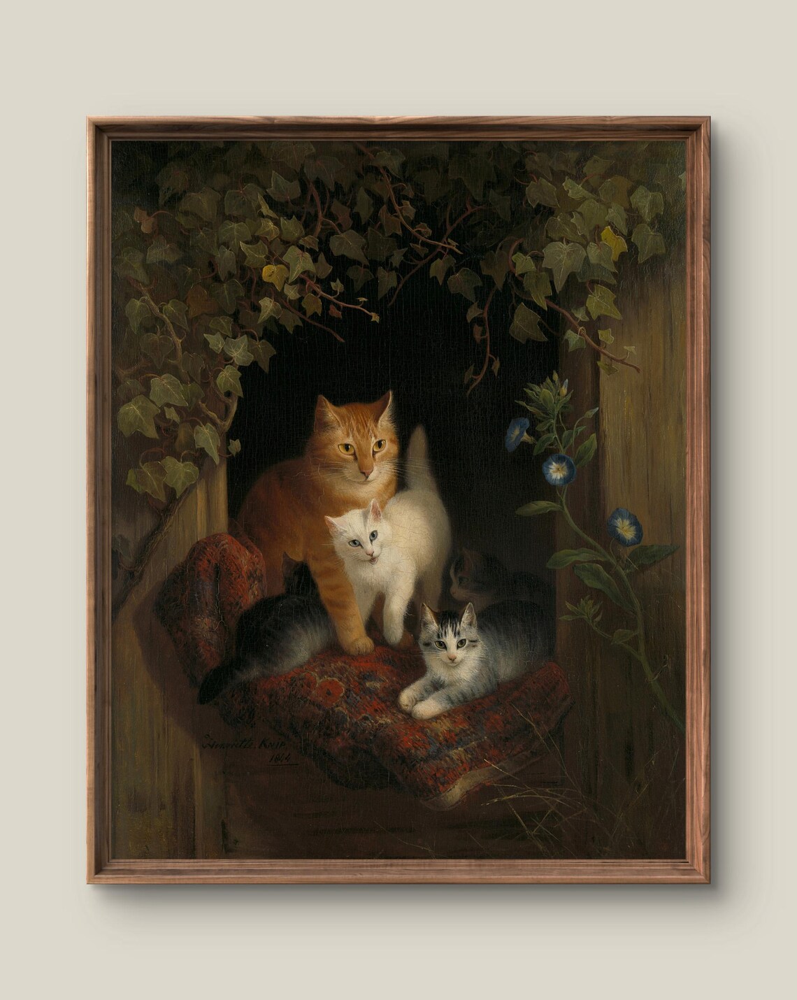 Vintage 1866 Mother Cat with Kittens Painting Ivy Doorway Classic Art Poster