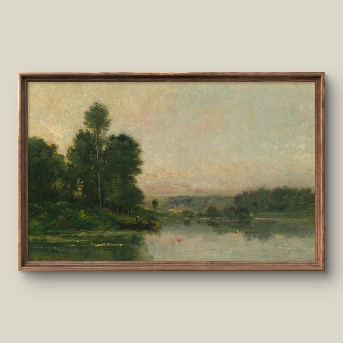 Antique River at Dusk Oil Painting Poster with Fisherman Boat Art