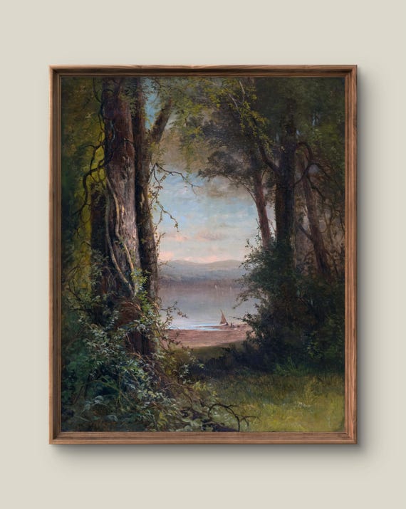 Vintage Summer Landscape Art Print Rustic Wall Decor Antique Painting Green Forest Instant