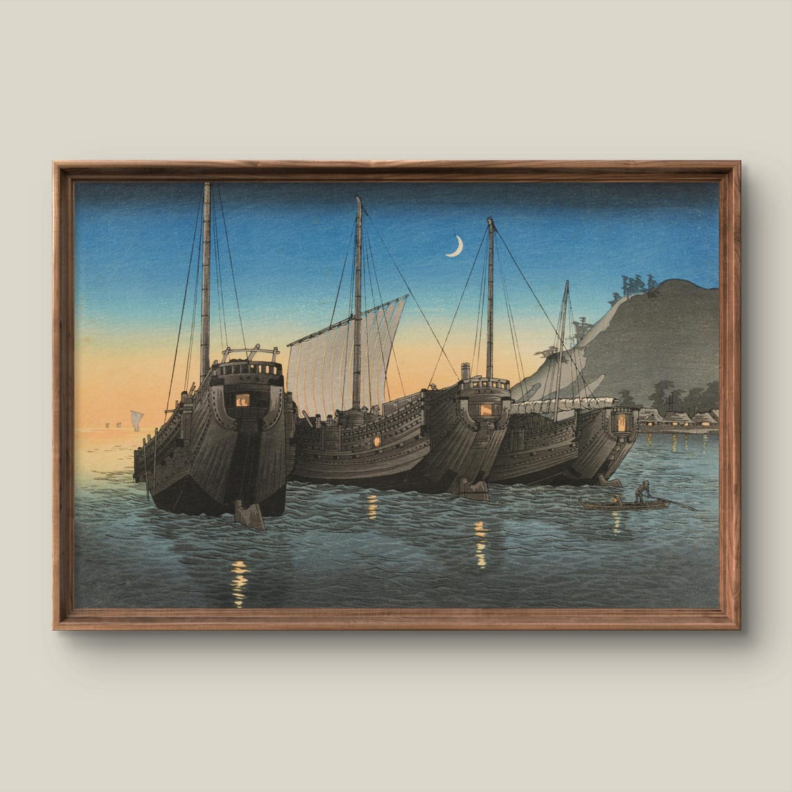 Japanese Evening Seascape Three Junks Crescent Moon Art Print