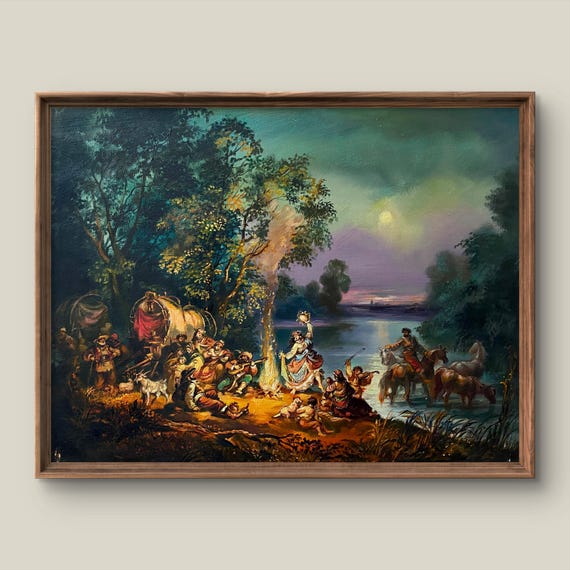Night Landscape Art Print Rustic Wall Decor Antique Painting Summer Forest Scenery Instant