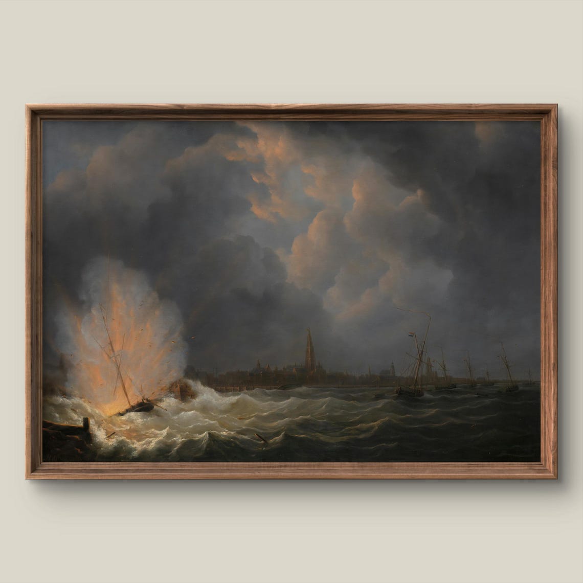 Vintage Dramatic Seascape With Stormy Waves And Tall Ships Poster
