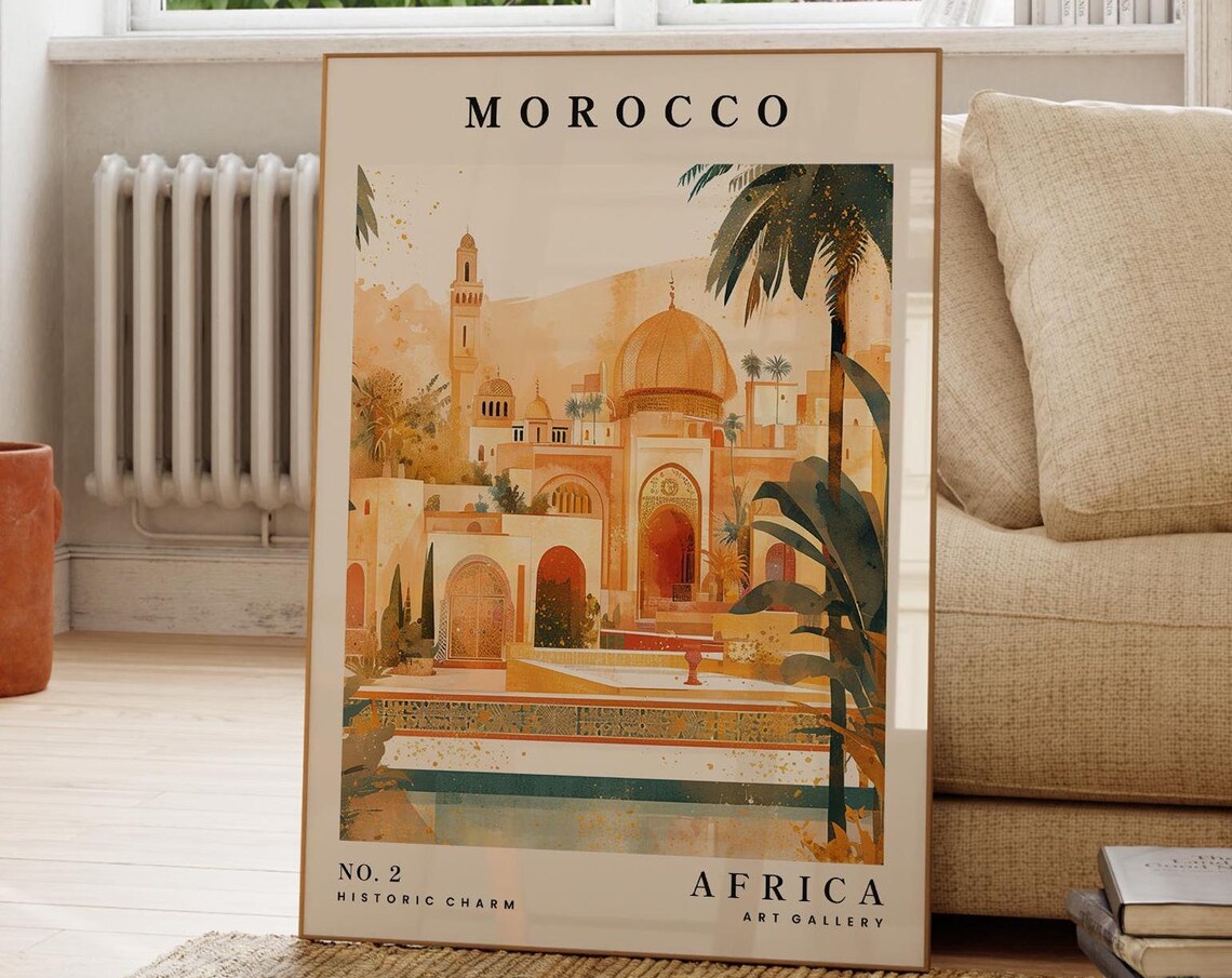Morocco Africa Historic Mosque Travel Poster Watercolor Courtyard Painting Art