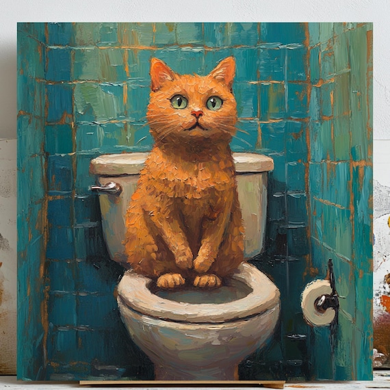 Cat In Bathroom, Funny Bathroom Decor Art Print
