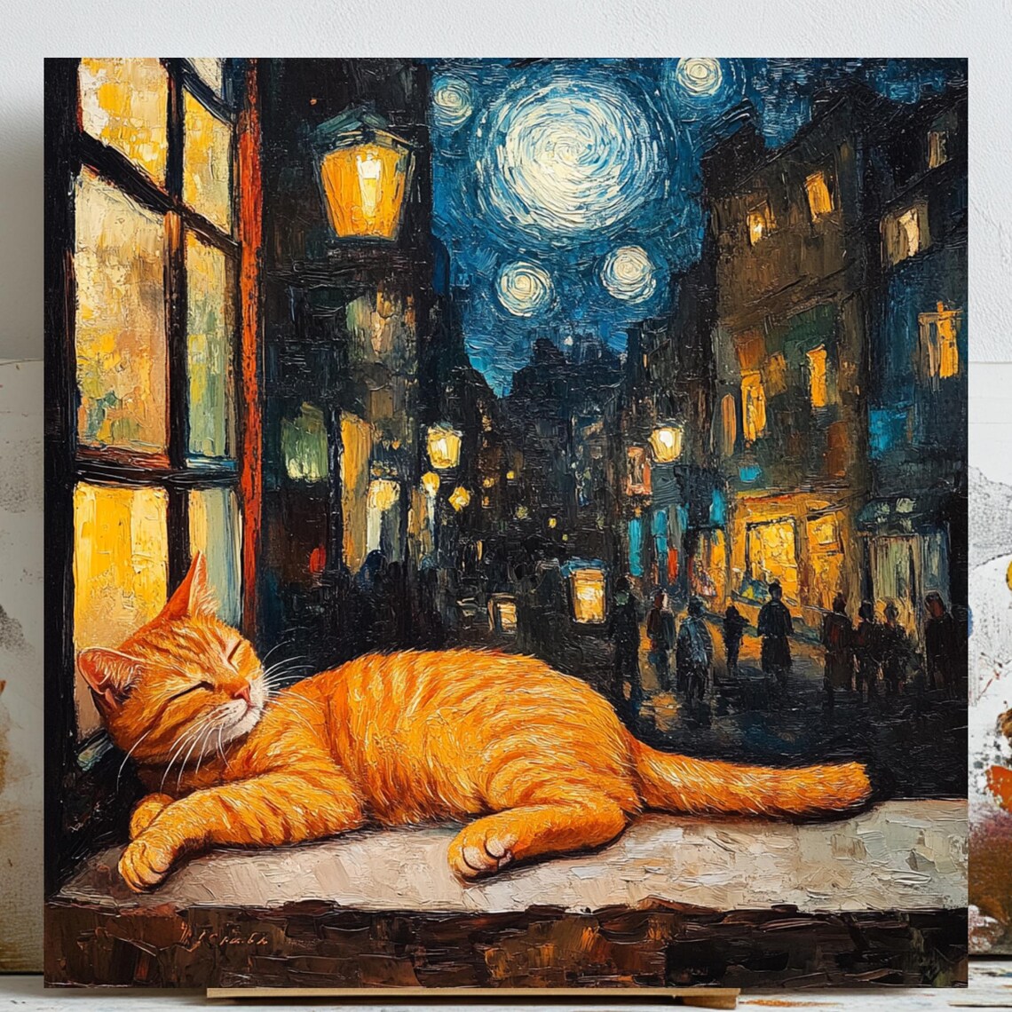 Ginger Cat Starry Night Print, Van Gogh Style