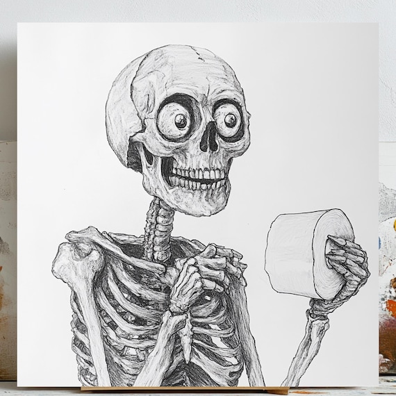Skeleton Holding Toilet Paper, Funny Bathroom Decor