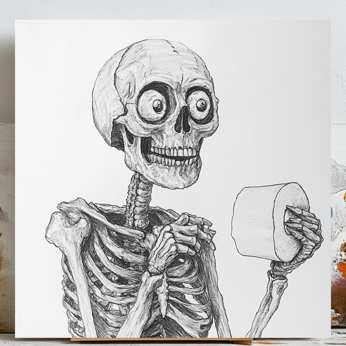Skeleton Holding Toilet Paper, Funny Bathroom Decor