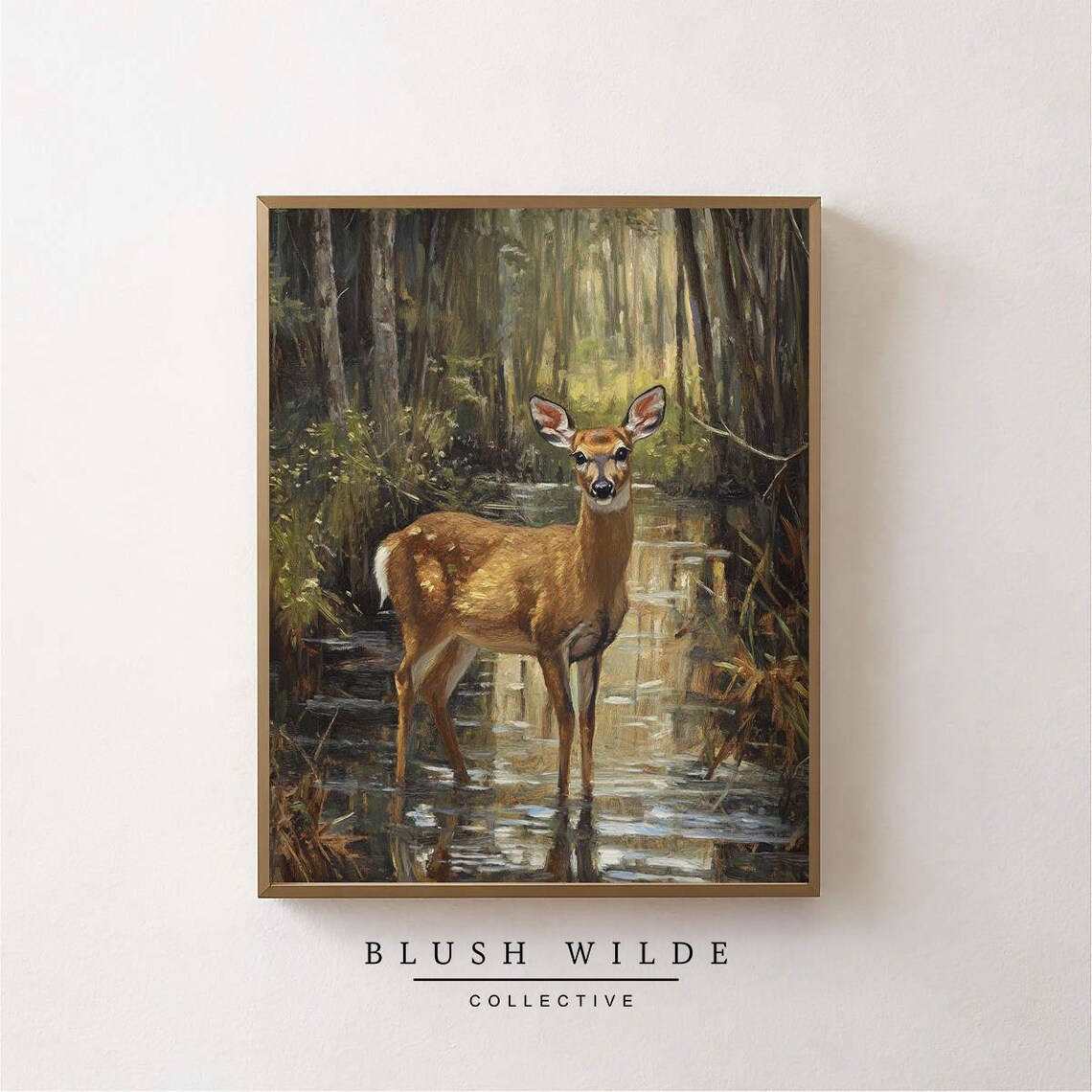 Young Deer Forest Stream Vintage Wildlife Oil Painting Poster