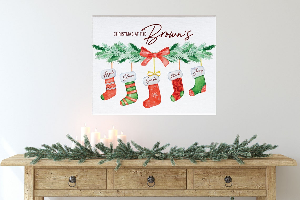 Personalized Christmas Stockings Watercolor Family Name Sign Poster - Image 3