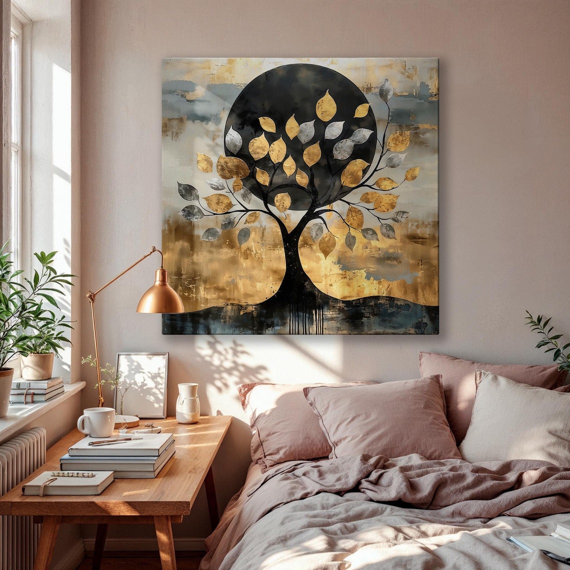 Black Moon Tree Golden Silver Leaf Abstract Canvas Wall Art Poster