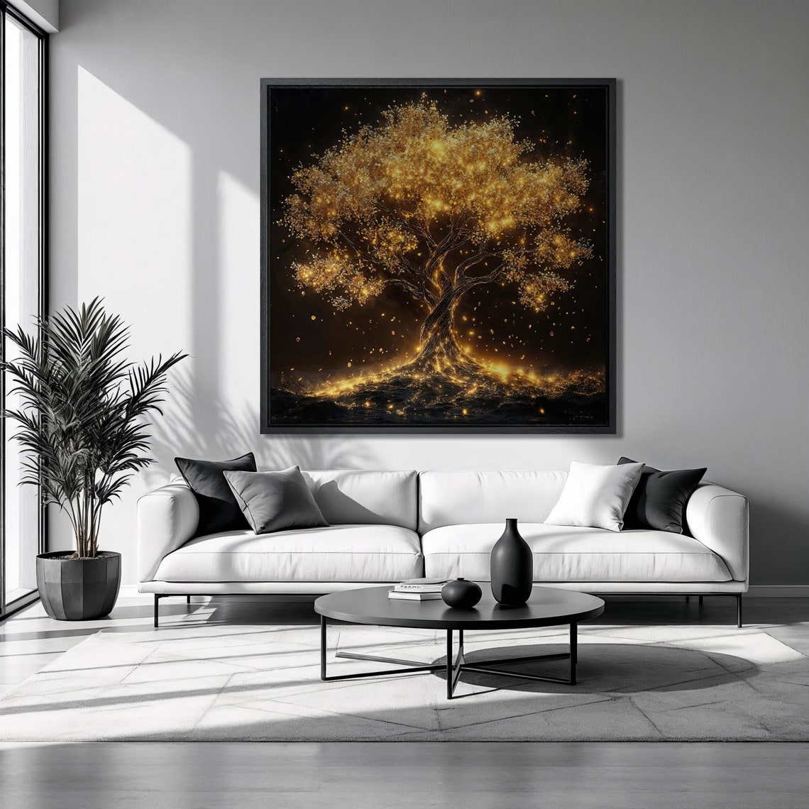 Golden Glowing Tree Of Life Black Starry Night Sky Sparkle Poster