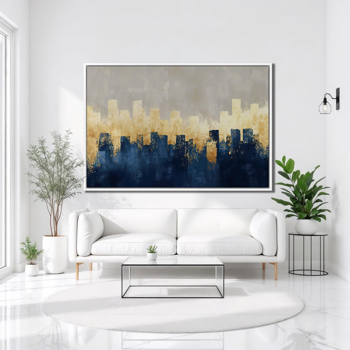 Abstract Blue Gold City Skyline Modern Urban Landscape Wall Art Poster