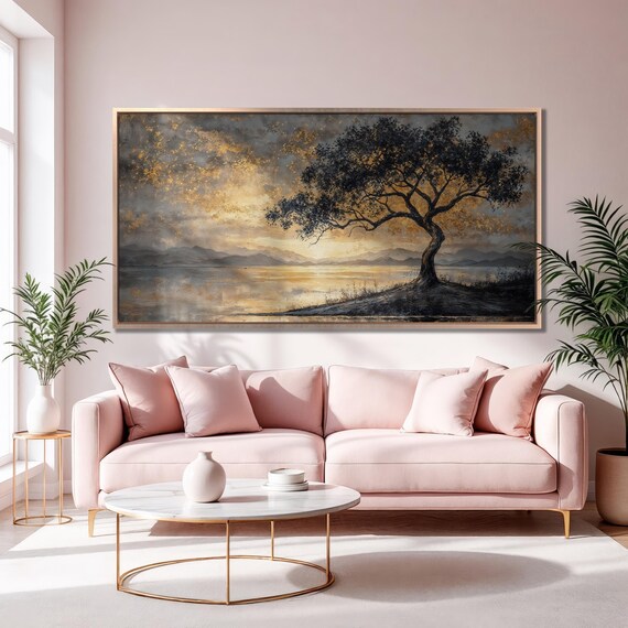 Silhouette Lonely Tree Framed Print Serene Landscape Luxury Art Mountain Sunset Painting Print Wilderness Decor Ready To Hang