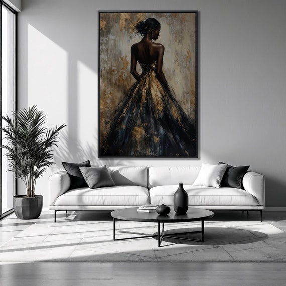 Elegant Black And Gold Woman Framed Print African Girl Luxury Art Gothic Feminine Painting Print Glamour Decor Ready To Hang