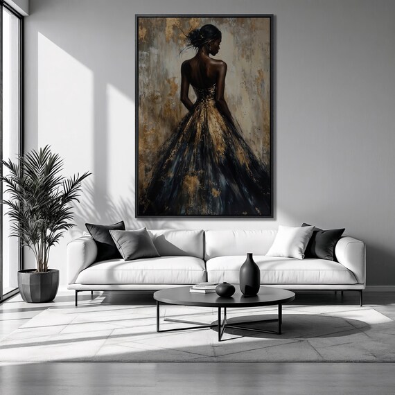 Woman In Black And Gold Gown From Behind Elegant Portrait Poster