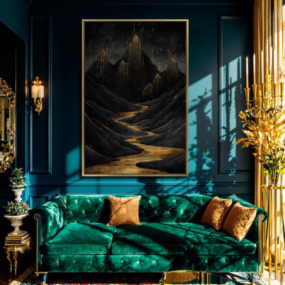Black Mountain Framed Print Golden River Luxury Art Abstract Landscape Painting Print Dark Starry Night Decor Ready To Hang