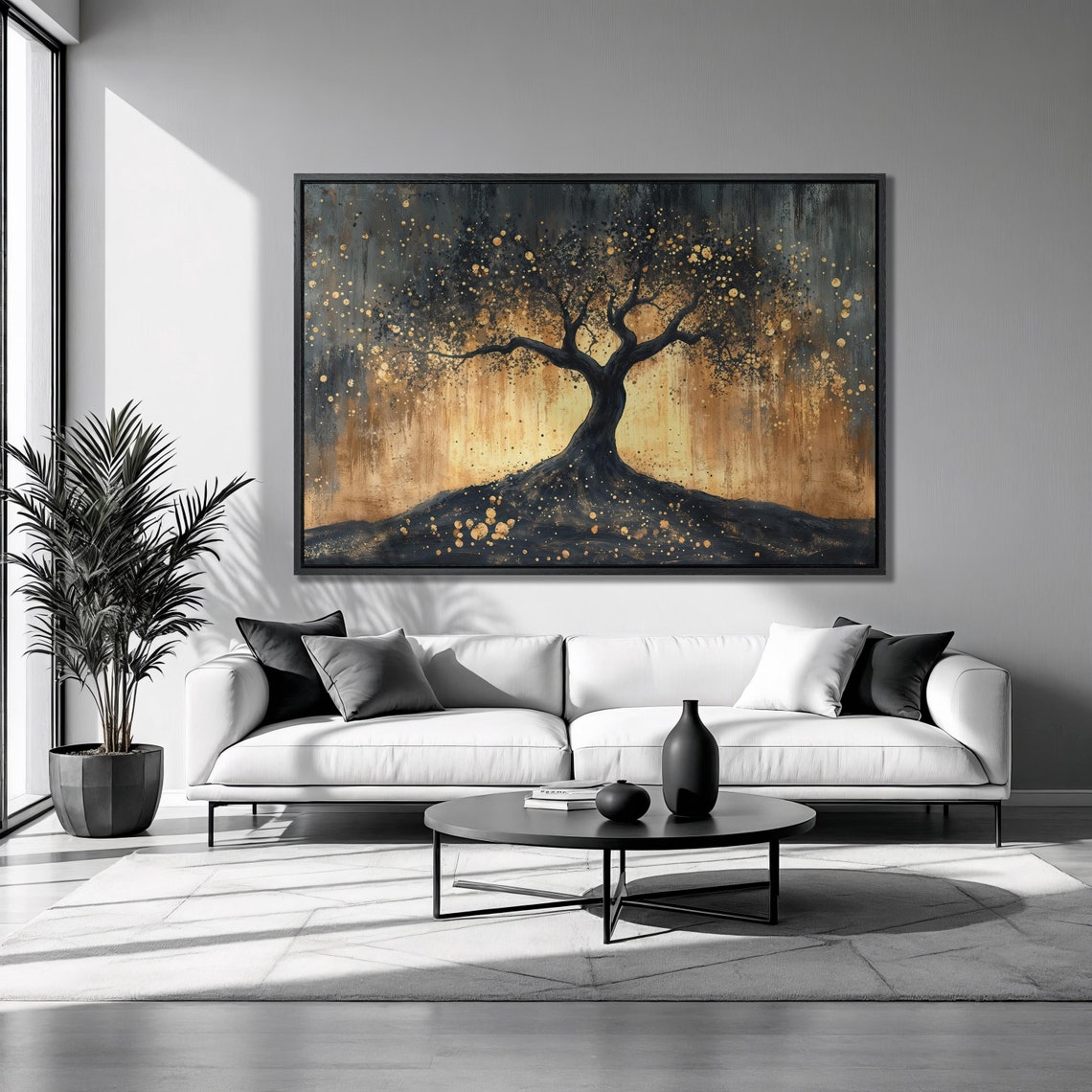 Gothic Black Tree Hill Gold Splatter Sky Dark Moody Landscape Poster