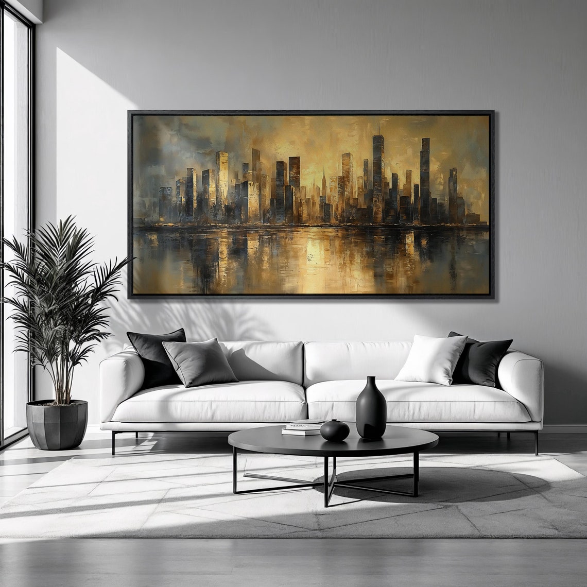 Panoramic Golden City Skyline Water Reflection Black Gold Art Poster