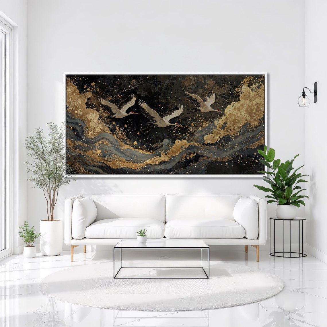 Three White Cranes Over Black And Gold Night Waves Japanese Poster