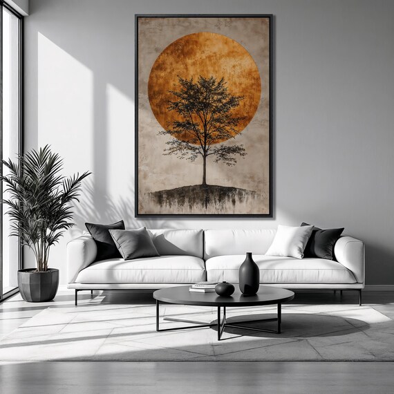 Minimalist Brown Tree Framed Print Golden Circle Luxury Art Abstract Full Moon Painting Print Nature Decor Ready To Hang