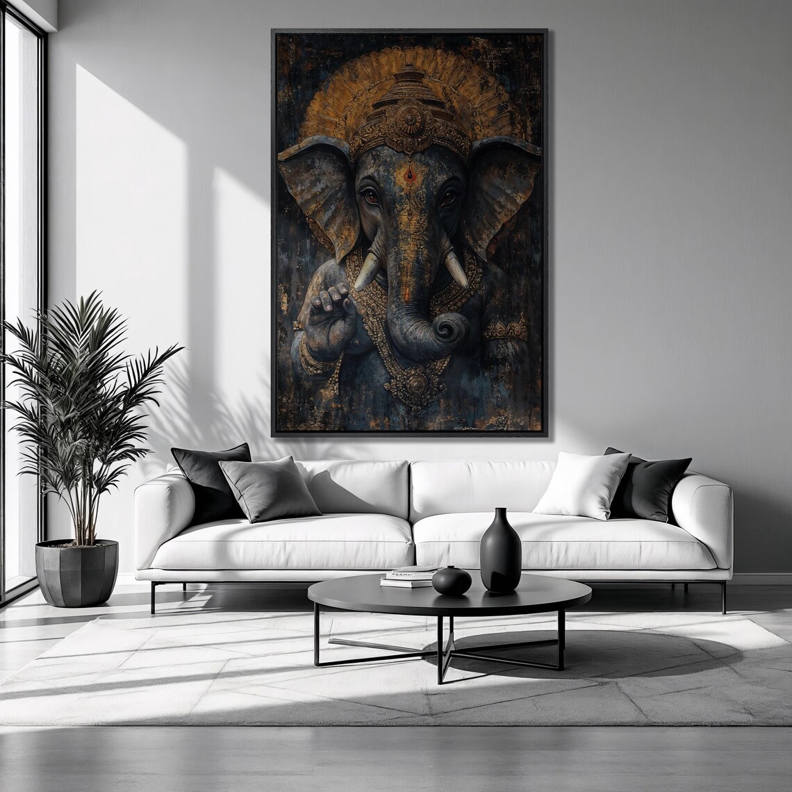 Lord Ganesha Hindu Deity Golden Halo Dark Abstract Spiritual Wall Poster