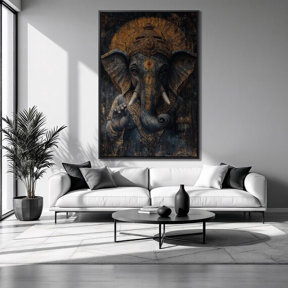 Lord Ganesha Hindu Deity Golden Halo Dark Abstract Spiritual Wall Poster