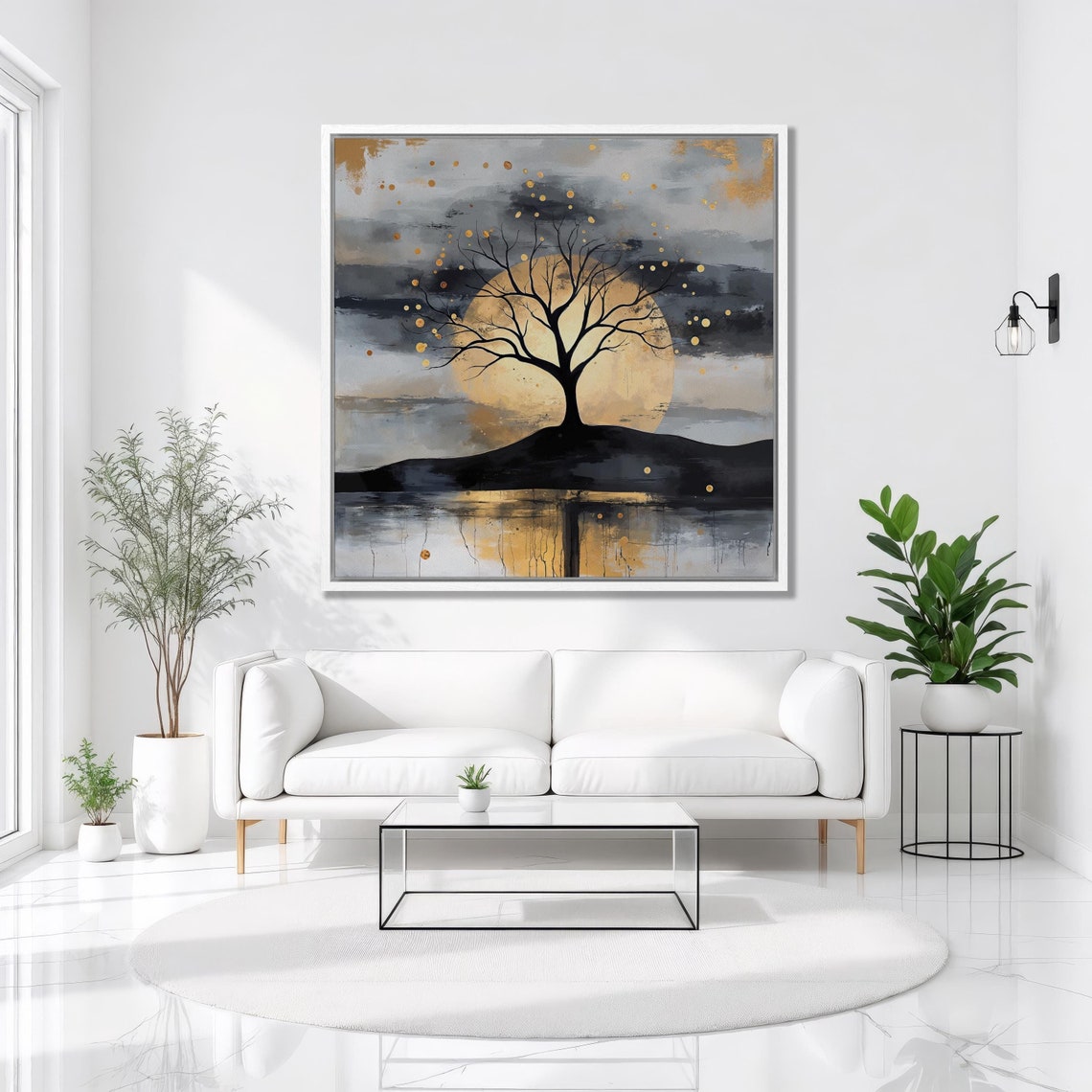 Bare Tree Silhouette Against Golden Full Moon Over Lake Wall Art