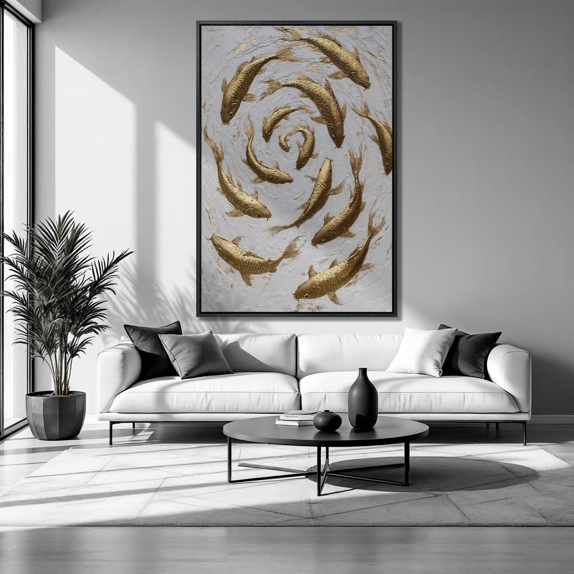 Golden Koi Fish Spiral White Textured Background Zen Luxury Wall Art