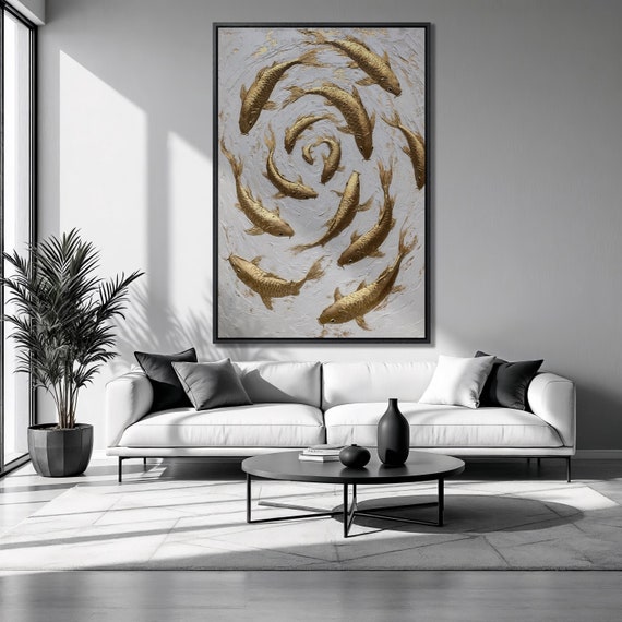 Golden Koi Fish Framed Print Aquatic Animal Luxury Art Spiral Swimming Painting Print Zen Poster Asian Decor Ready To Hang