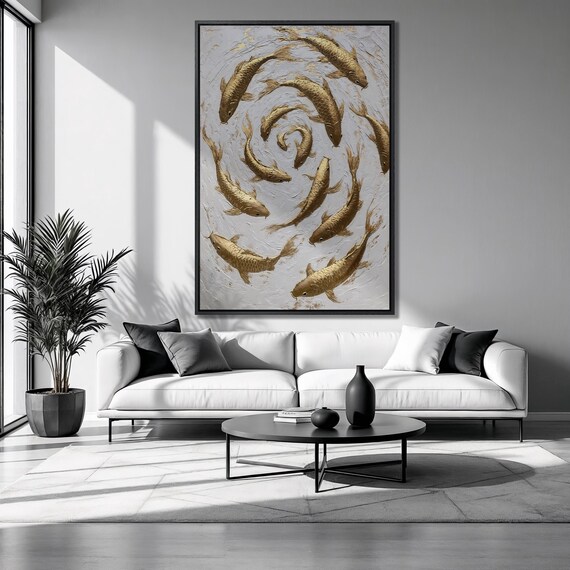 Golden Koi Fish Spiral White Textured Background Zen Luxury Wall Art