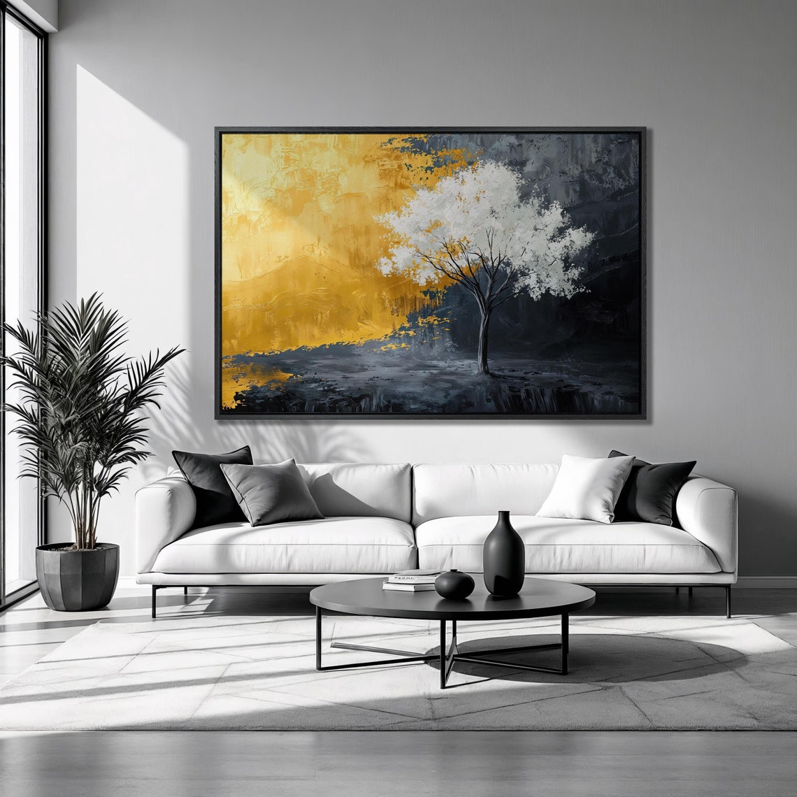 White Blossom Tree On Black And Gold Abstract Background Floral Print