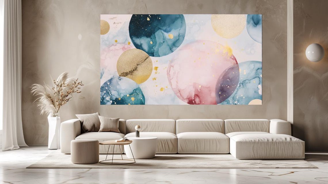 Colorful Celestial Moons Watercolor Circles Pink Navy Gold Wall Art