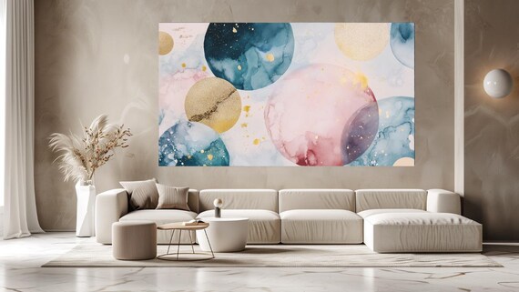 Colorful Celestial Moons Watercolor Circles Pink Navy Gold Wall Art