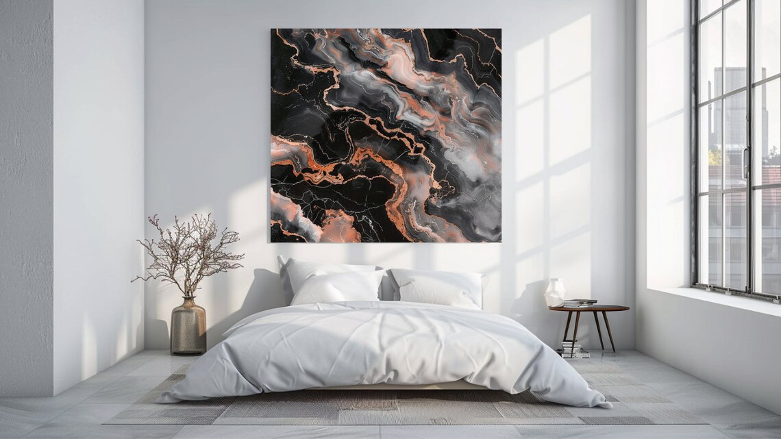 Black Rose Gold Marble Swirl Veins Luxury Abstract Wall Art Poster