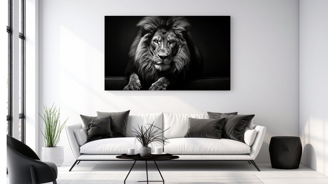 Male Lion Portrait Black and White Majestic Mane Wildlife Print